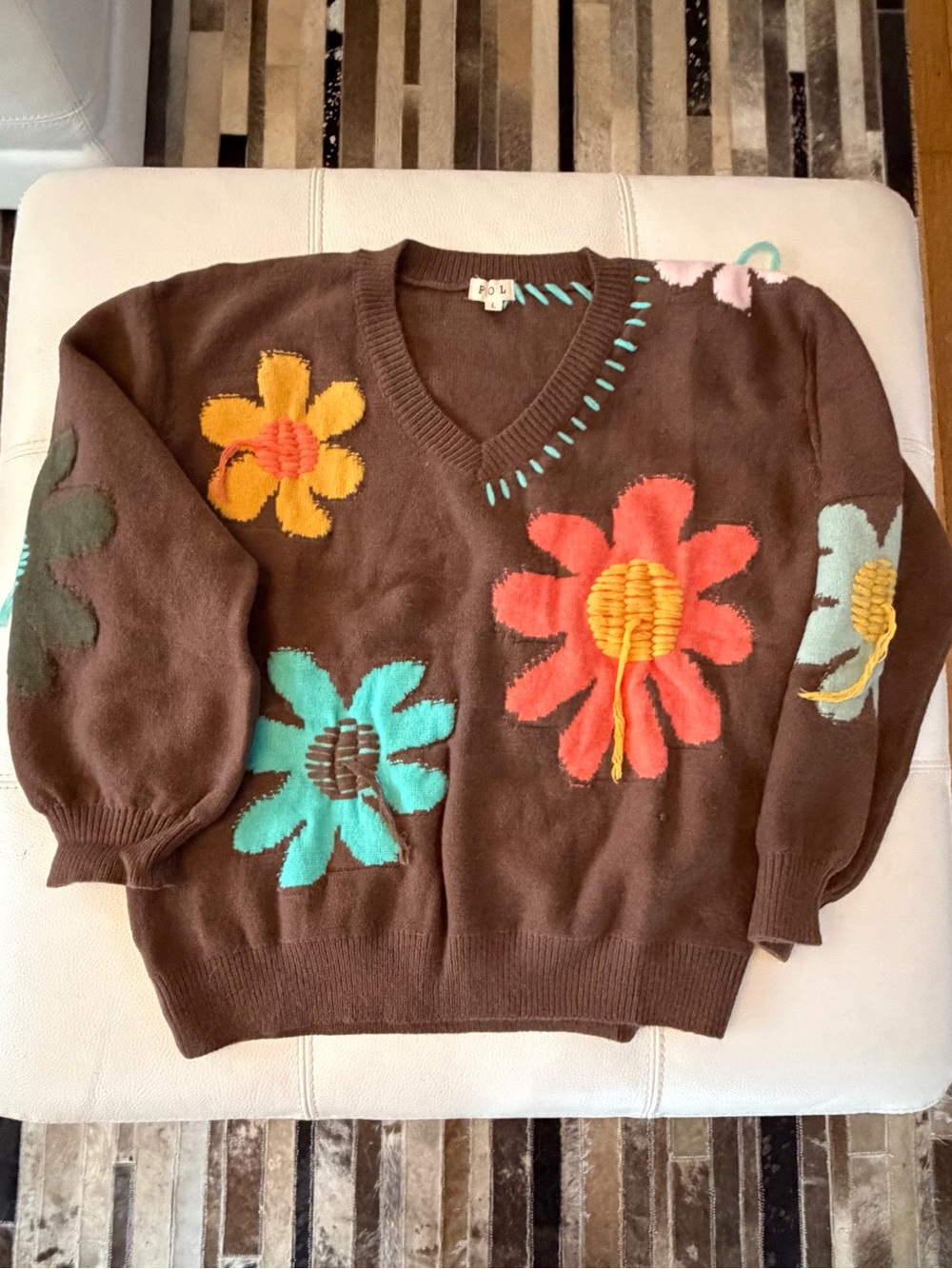 POL Chocolate Brown Floral Applique Sweater Size L NWT